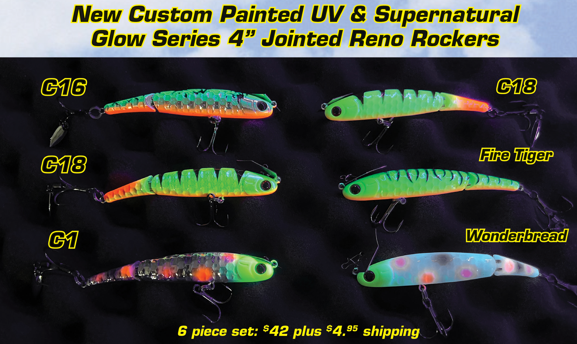 Custom Painted UV & Supernatural  Glow Series 4” Jointed Reno Rockers 6 piece kit